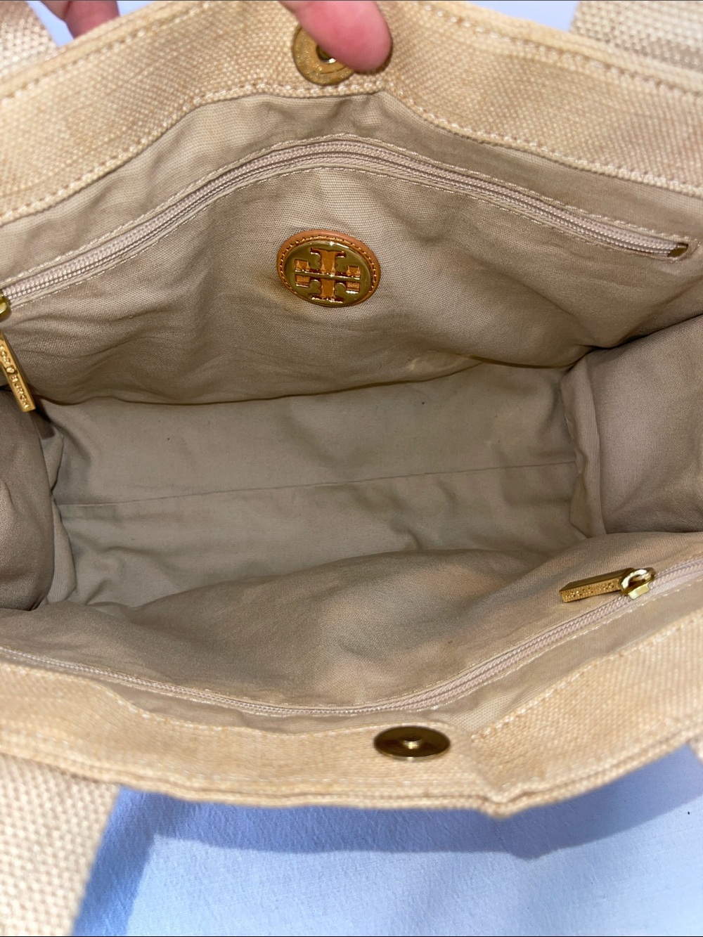 Tory Burch Ella Canvas Tote Beige Natural Canvas Leather Trim Small Tote Bag - Picture 13 of 15